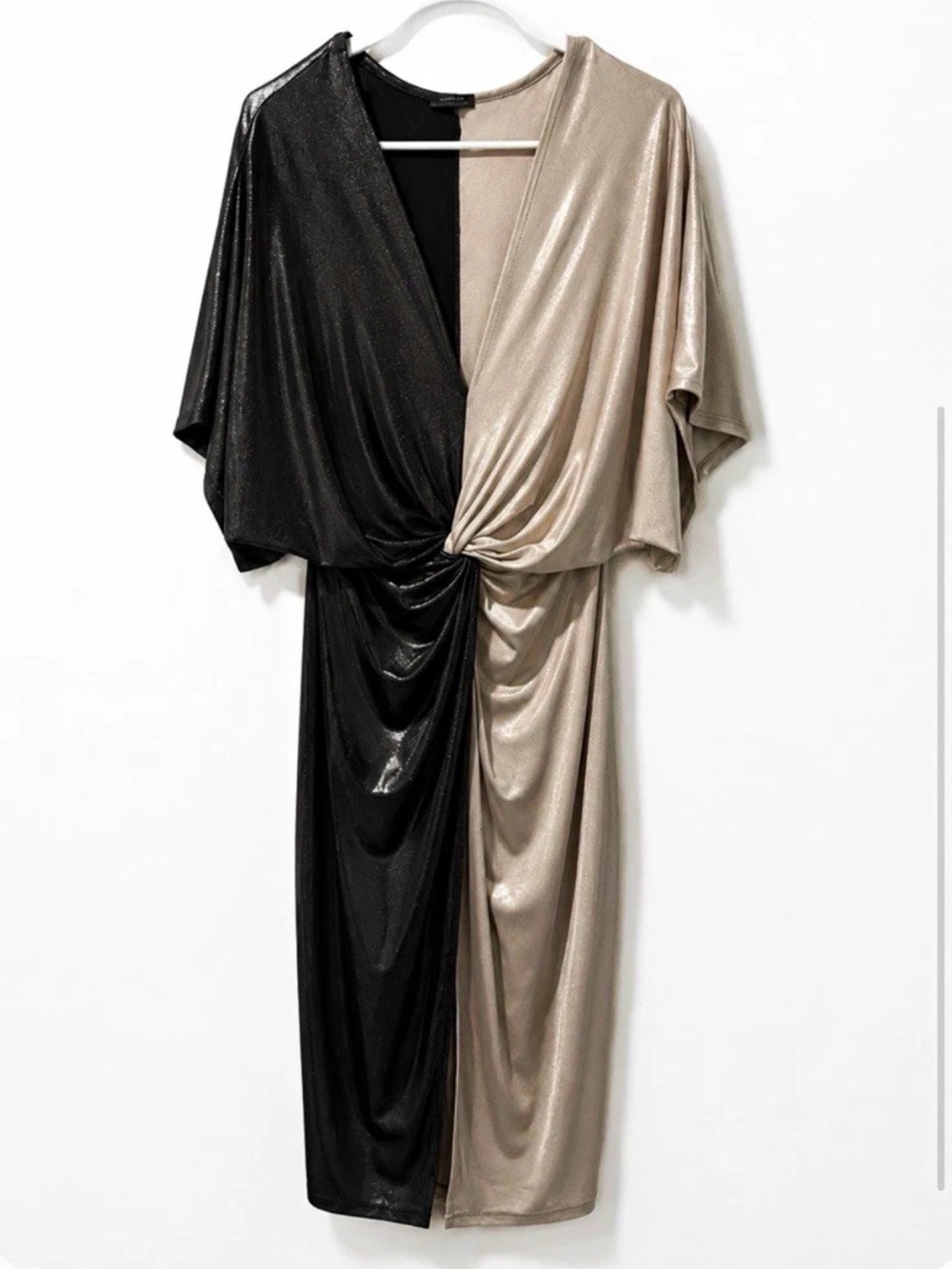 Two-Tone Draped Midi Dress with Twist Front in Black & Gold